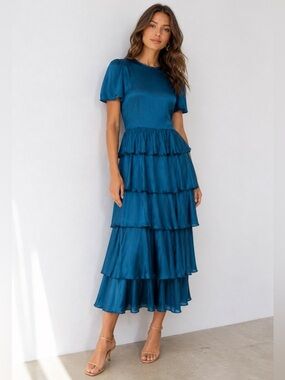 RHODE Lagoon Blue Wedding Guest Midi Dress XS NWT